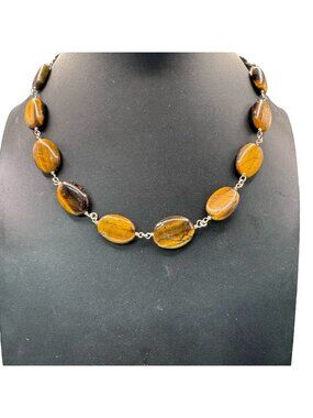 Tigers Eye & Sterling Silver Beaded Necklace Choker BibToggle Clasp 15" Gemstone